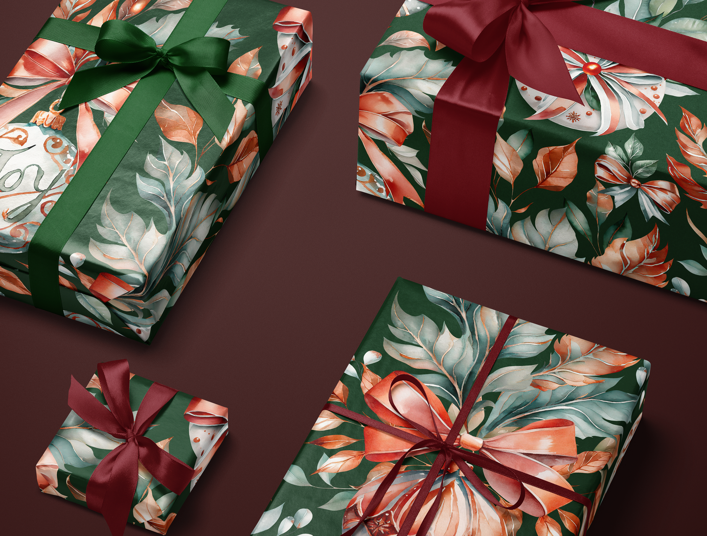 Christmas Classic Red & Green Ornaments Wrapping Paper | Green backround