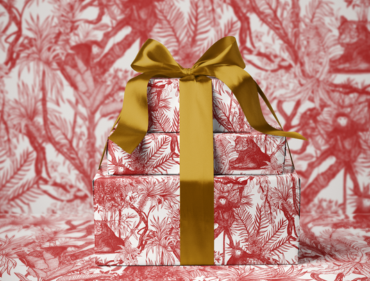 Red Toile de Jouy Wrapping Paper | Hand-Drawn Exotic Jungle Design with Southeast Asian Elegance | Luxury Red Gift Wrap