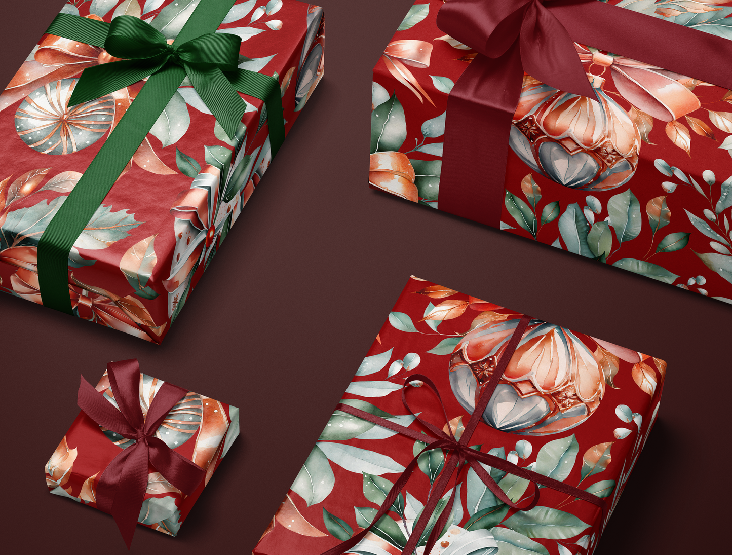 Christmas Red & Green Ornaments Wrapping Paper | Premium Edition