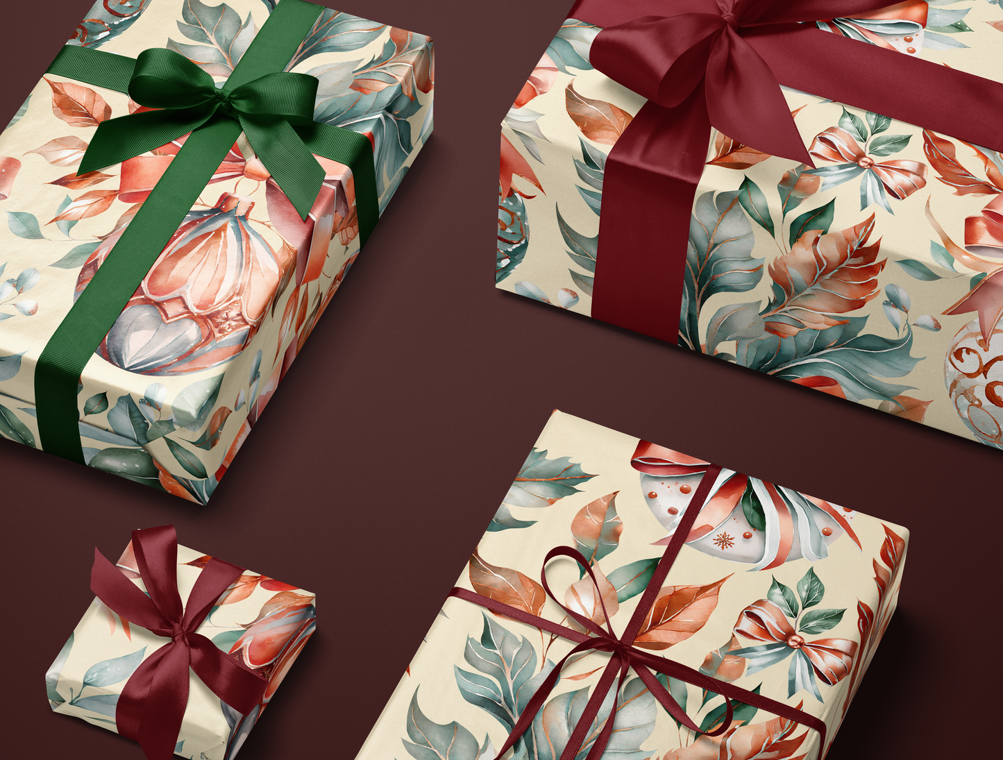 Christmas Wrapping Paper | Classic Red & Green Ornaments | Soft Yellow