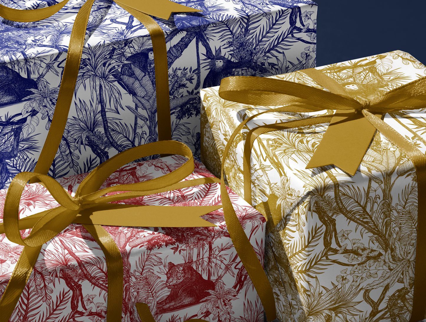 Antique Gold Toile de Jouy Wrapping Paper | Hand-Drawn Exotic Jungle Illustrations with Subtle Southeast Asian Influence | Luxury Gift Wrap