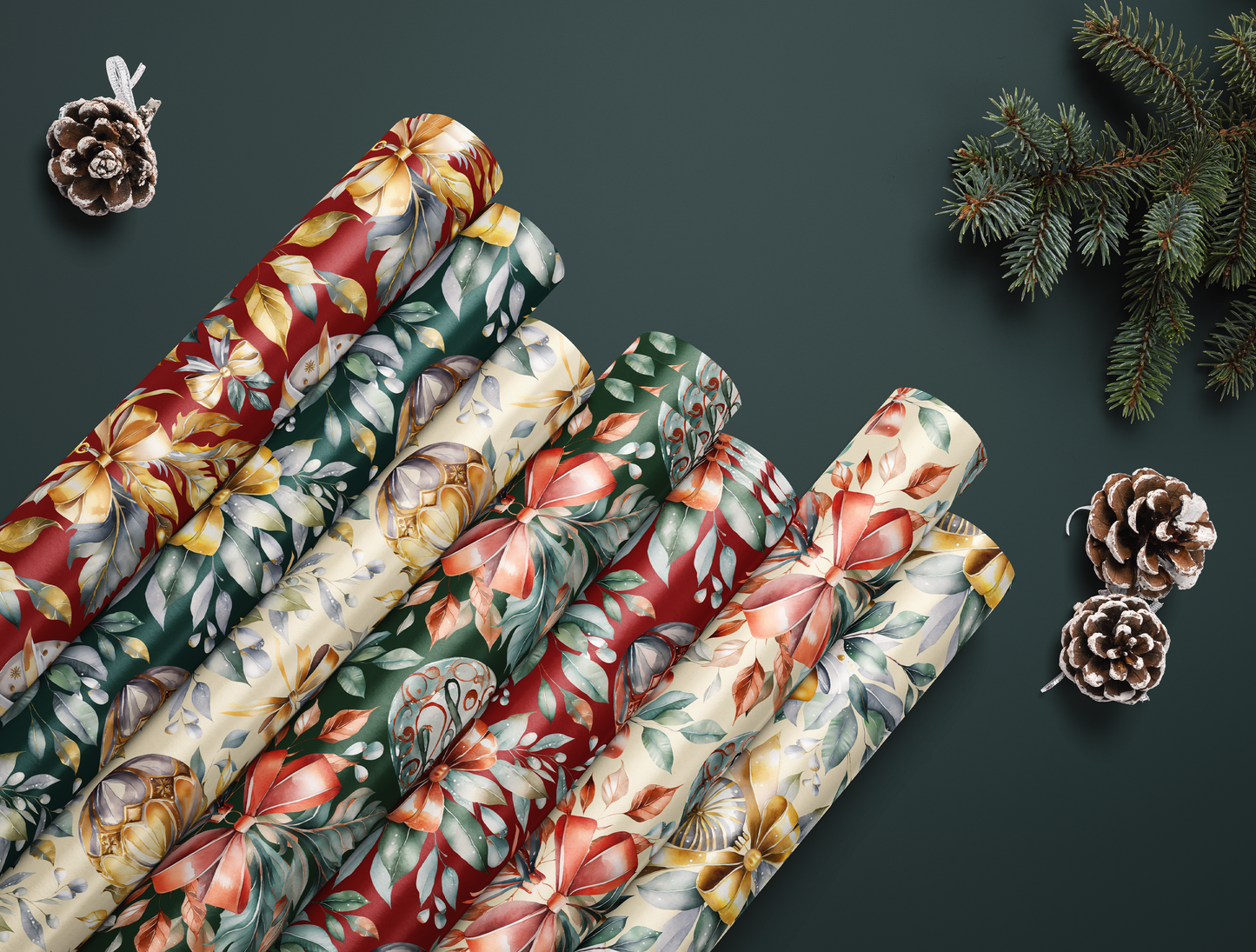 Christmas Wrapping Paper | Elegant Soft Green & Gold Ornaments | Green background