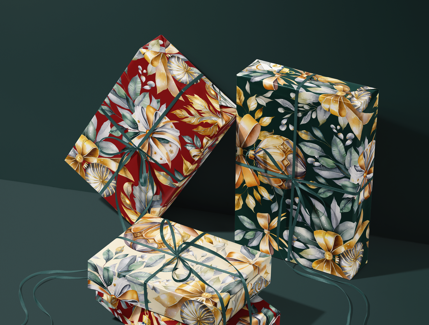 Christmas Wrapping Paper | Elegant Soft Green & Gold Ornaments | Green background