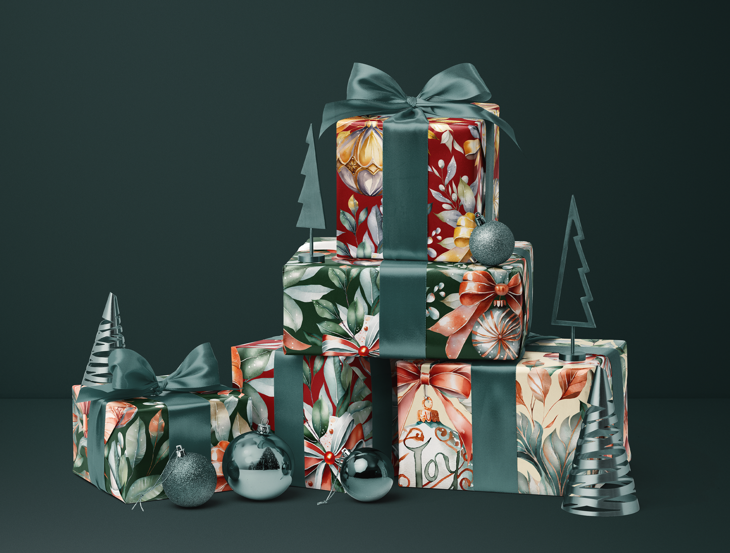 Christmas Wrapping Paper | Classic Red & Green Ornaments | Soft Yellow