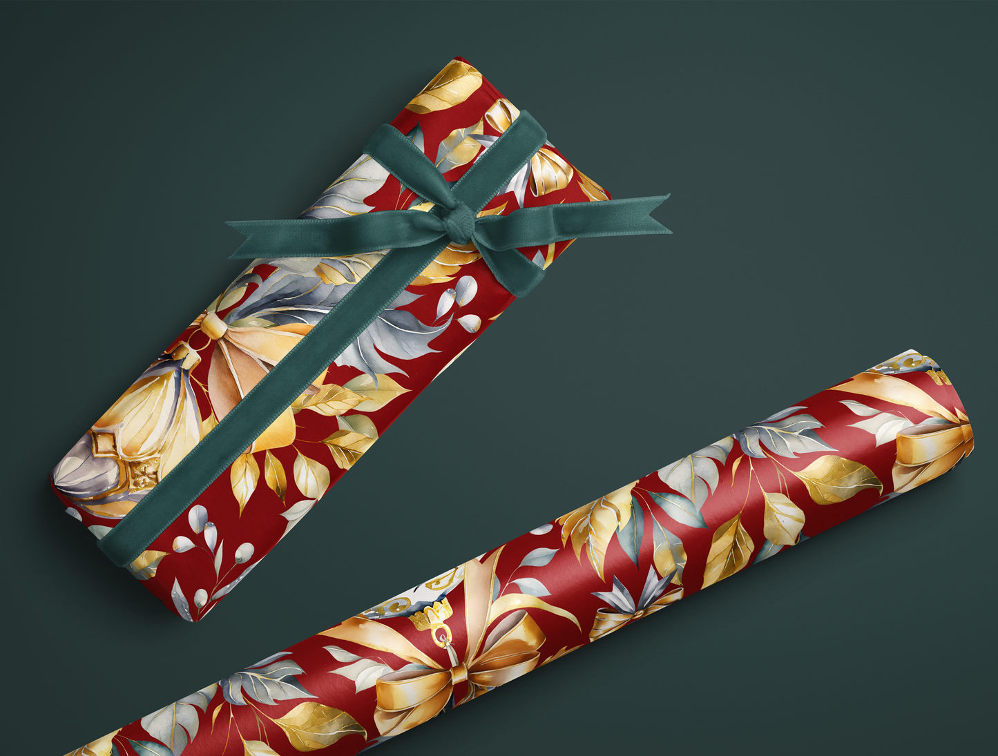 Christmas Wrapping Paper | Elegant Soft Green & Gold Ornaments | Red