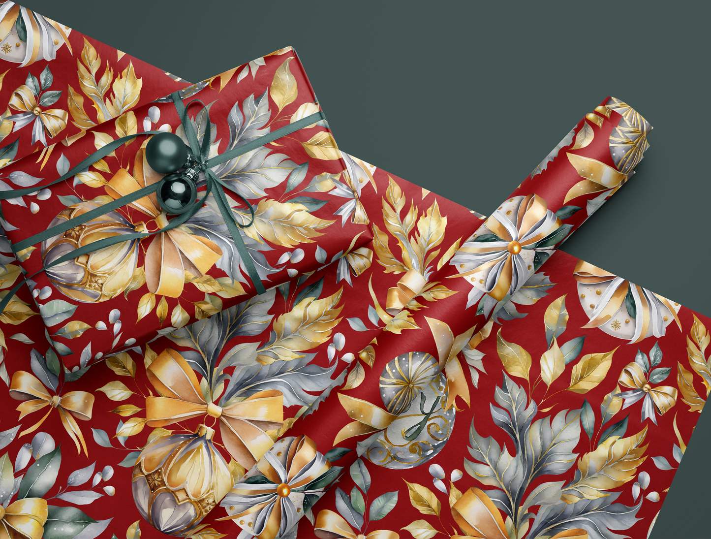 Christmas Wrapping Paper | Elegant Soft Green & Gold Ornaments | Red