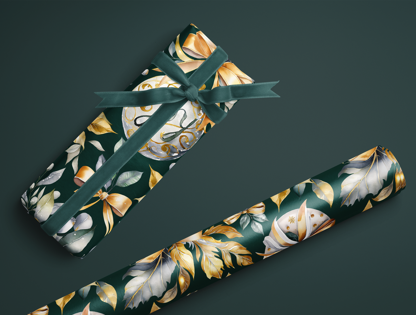 Christmas Wrapping Paper | Elegant Soft Green & Gold Ornaments | Green background