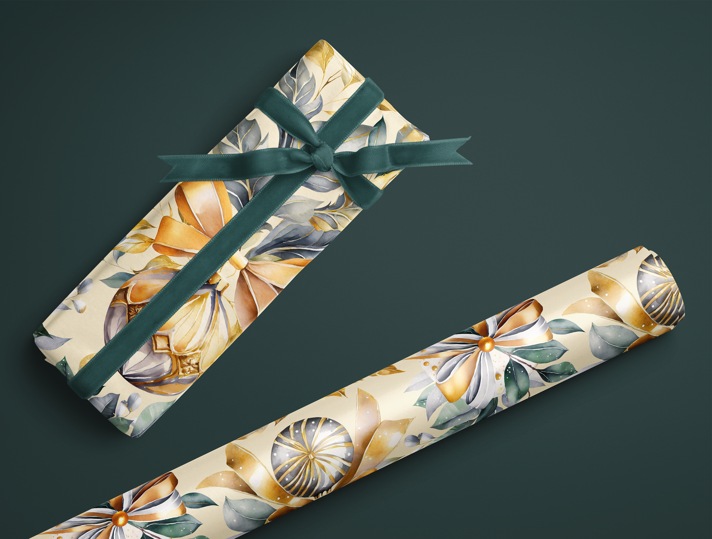 Christmas Wrapping Paper | Elegant Soft Green & Gold Ornaments | Soft Yellow background