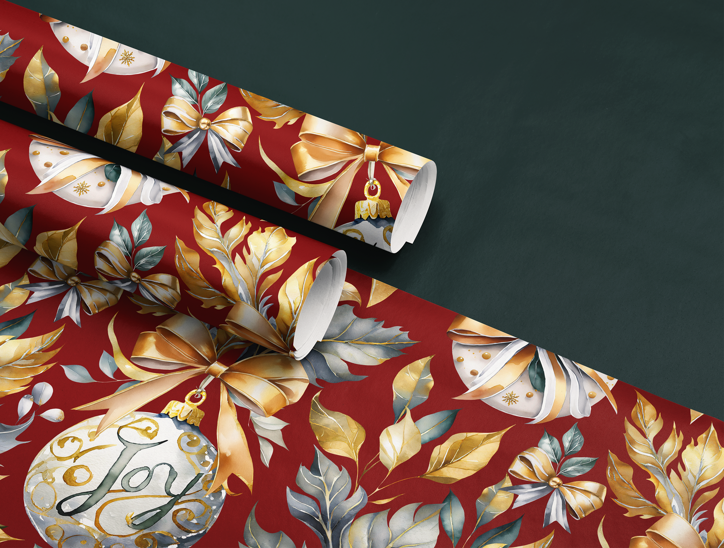 Christmas Wrapping Paper | Elegant Soft Green & Gold Ornaments | Red