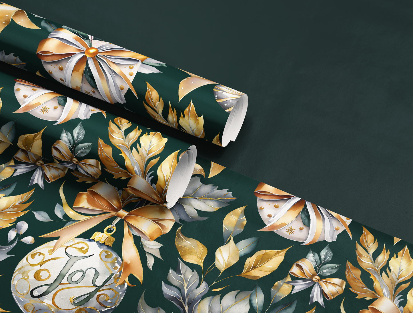 Christmas Wrapping Paper | Elegant Soft Green & Gold Ornaments | Green background