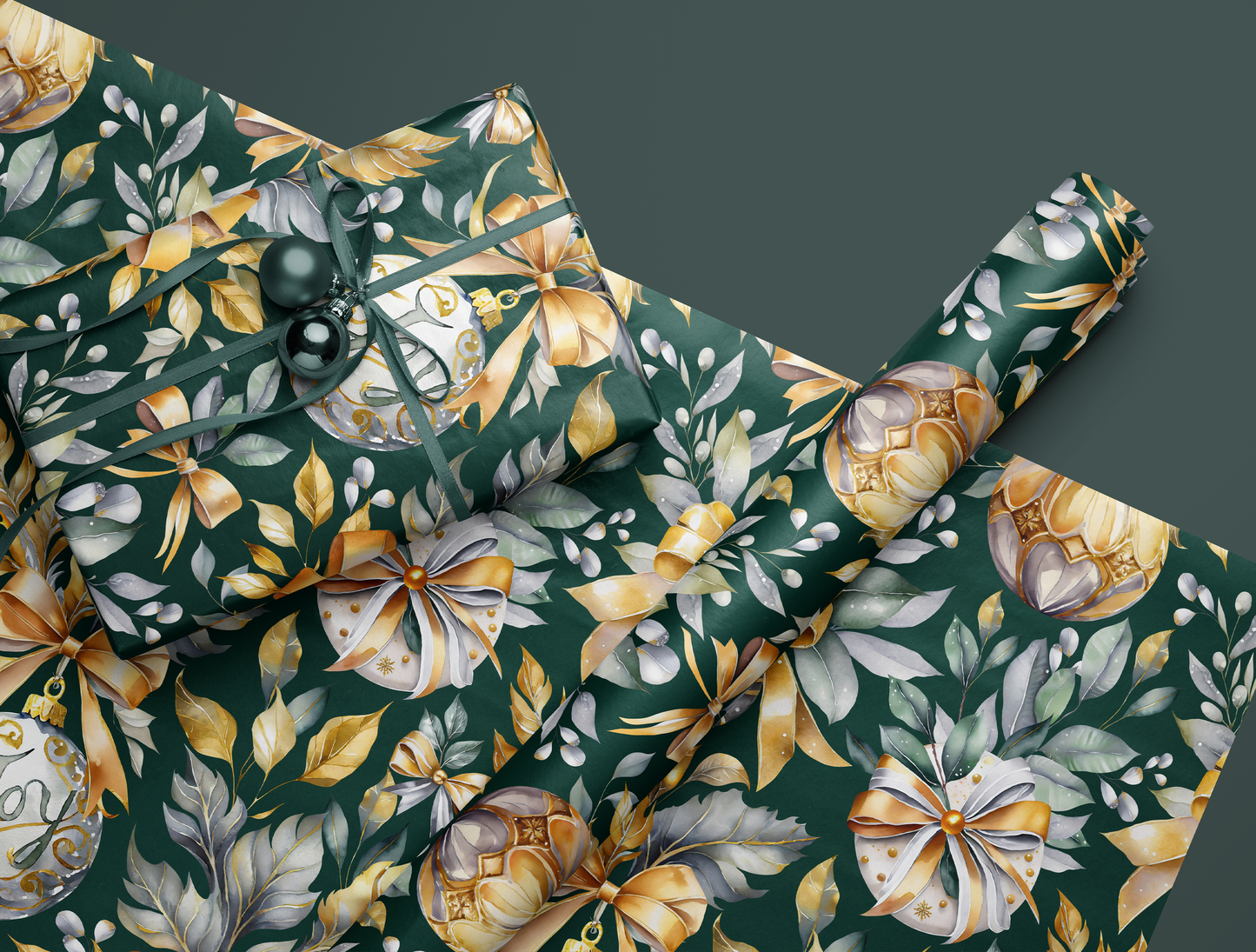 Christmas Wrapping Paper | Elegant Soft Green & Gold Ornaments | Green background