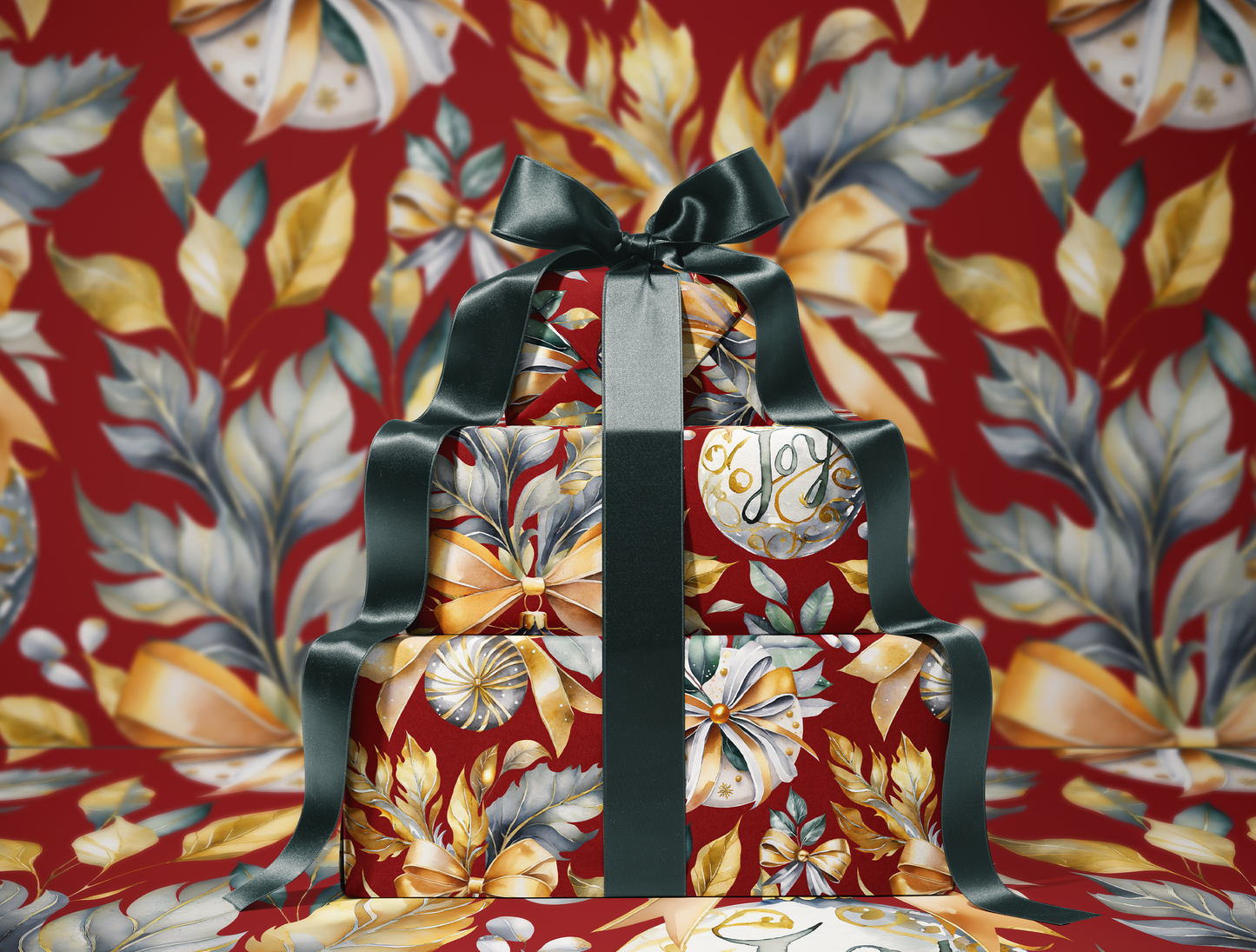 Christmas Wrapping Paper | Elegant Soft Green & Gold Ornaments | Red