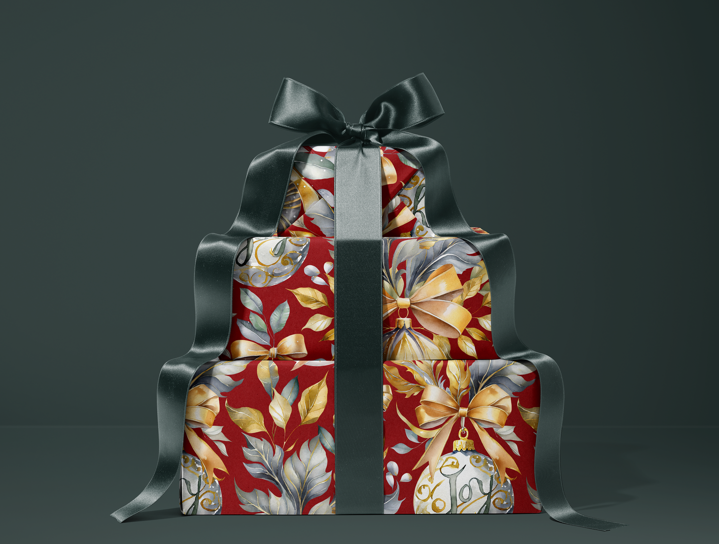 Christmas Wrapping Paper | Elegant Soft Green & Gold Ornaments | Red