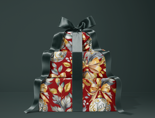 Christmas Wrapping Paper | Elegant Soft Green & Gold Ornaments | Red
