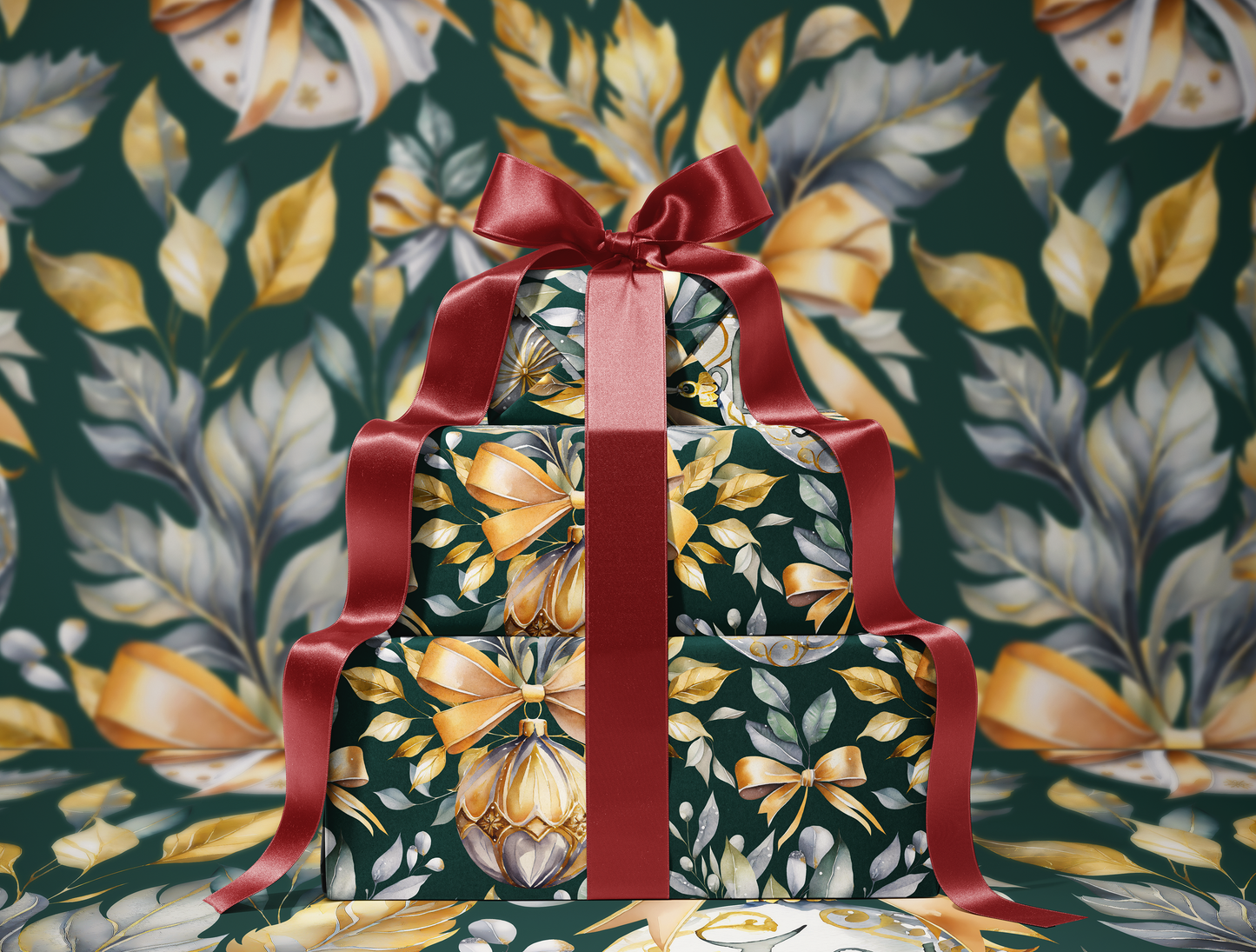 Christmas Wrapping Paper | Elegant Soft Green & Gold Ornaments | Green background