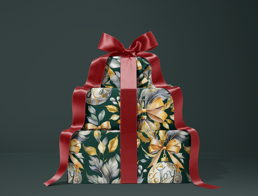 Christmas Wrapping Paper | Elegant Soft Green & Gold Ornaments | Green background