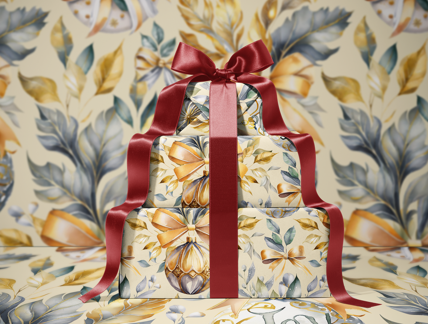 Christmas Wrapping Paper | Elegant Soft Green & Gold Ornaments | Soft Yellow background