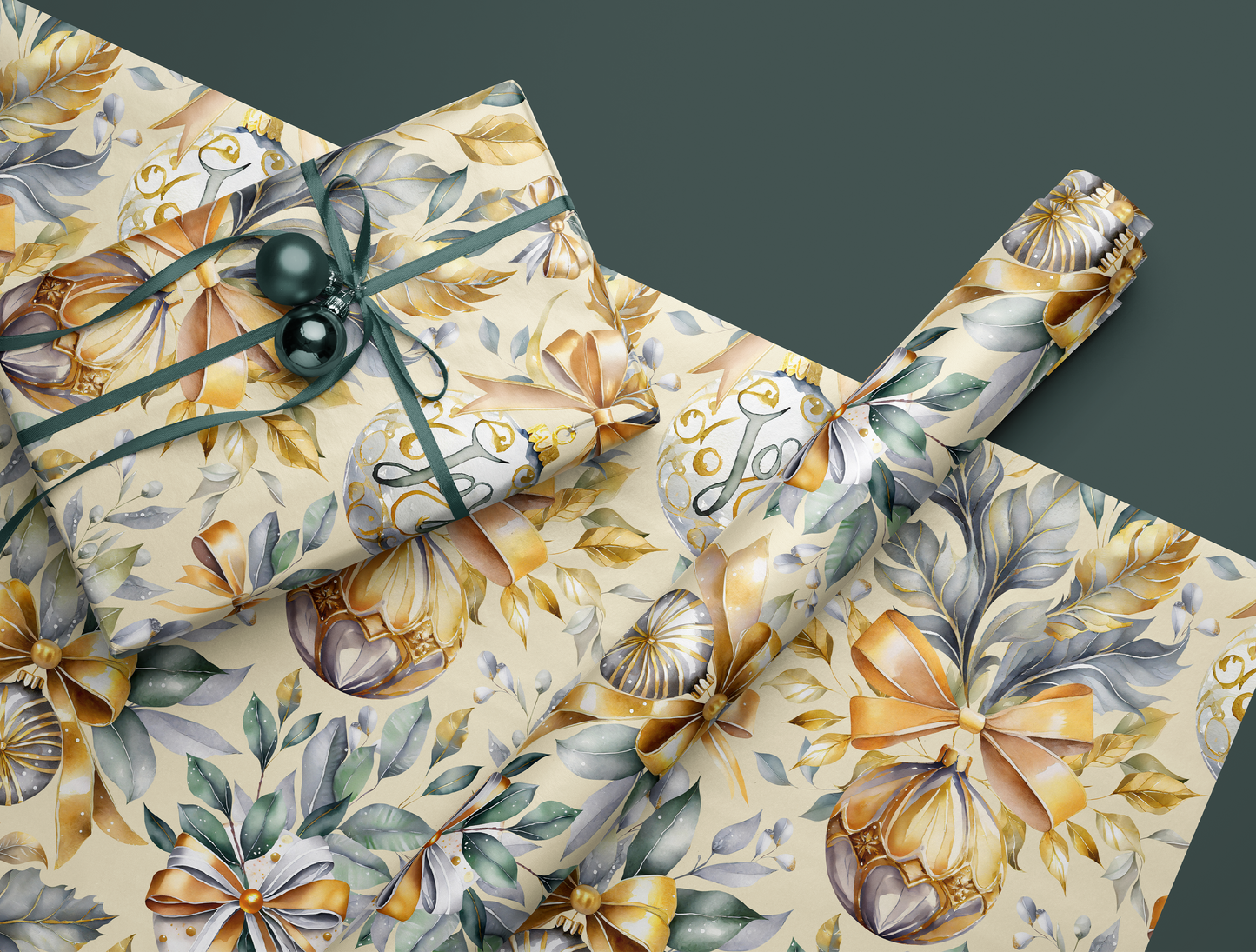 Christmas Wrapping Paper | Elegant Soft Green & Gold Ornaments | Soft Yellow background