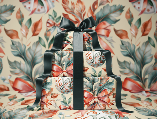 Christmas Wrapping Paper | Classic Red & Green Ornaments | Soft Yellow