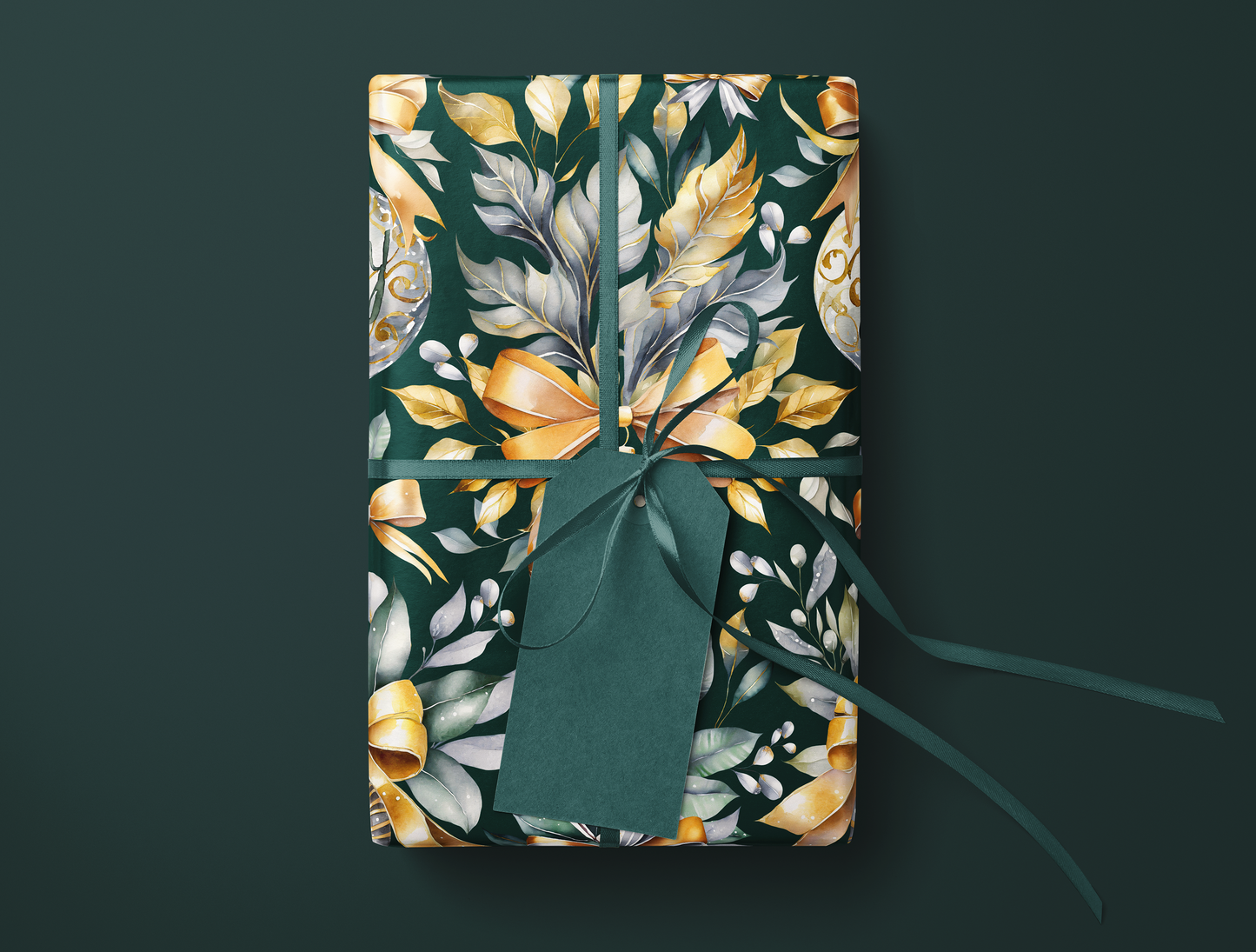 Christmas Wrapping Paper | Elegant Soft Green & Gold Ornaments | Green background