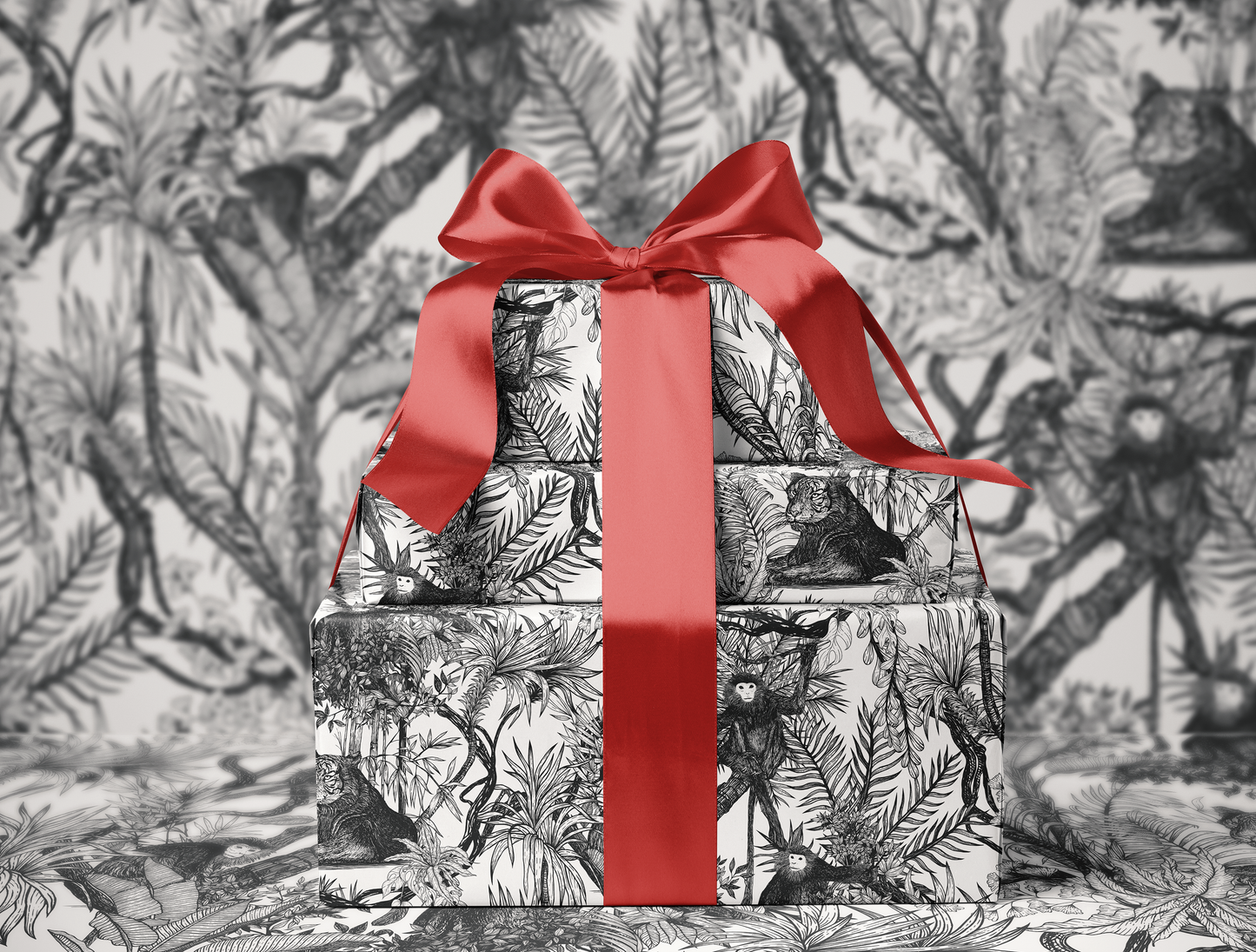 Noir Toile de Jouy Wrapping Paper  | Hand-Drawn Exotic Jungle Art with Minimalist Elegance | Classic Black on White Luxury Gift Wrap