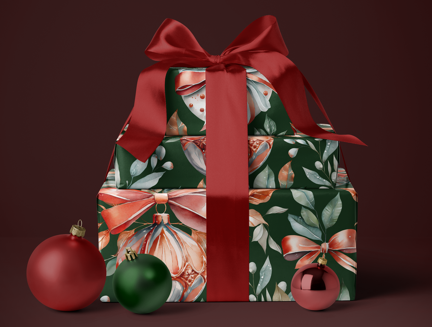 Christmas Classic Red & Green Ornaments Wrapping Paper | Green backround