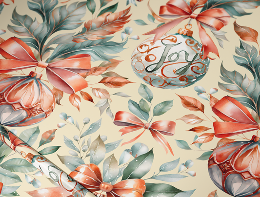 Christmas Wrapping Paper | Classic Red & Green Ornaments | Soft Yellow