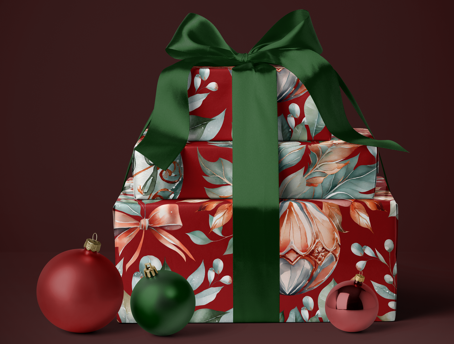 Christmas Red & Green Ornaments Wrapping Paper | Premium Edition