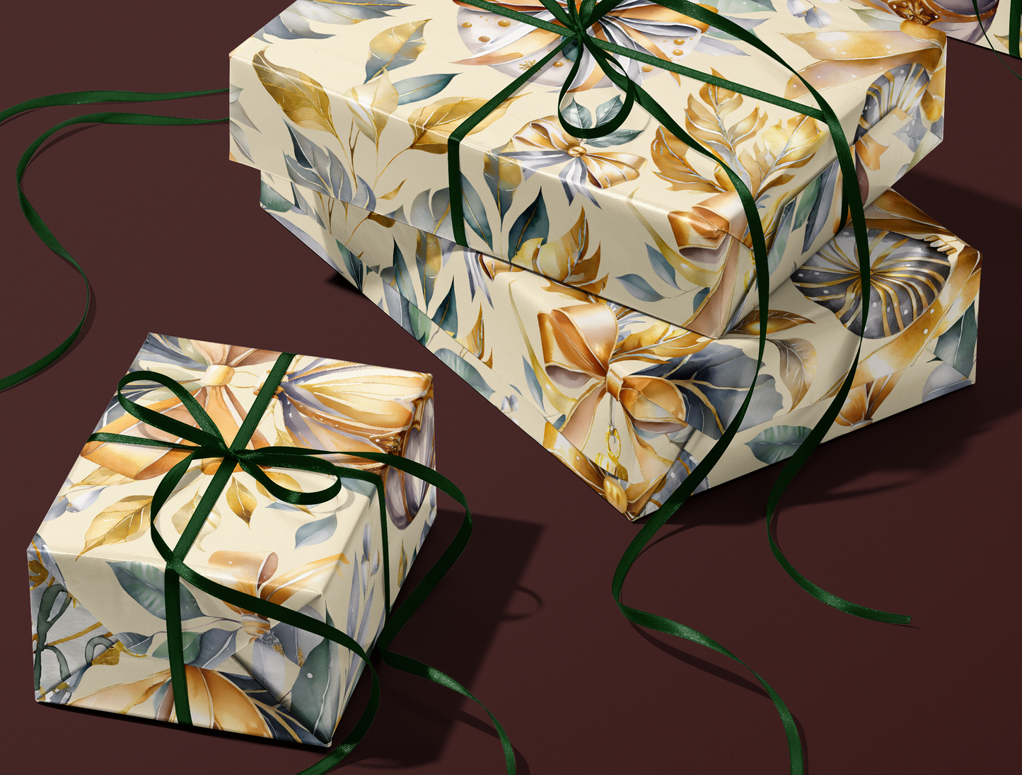 Christmas Wrapping Paper | Elegant Soft Green & Gold Ornaments | Soft Yellow background