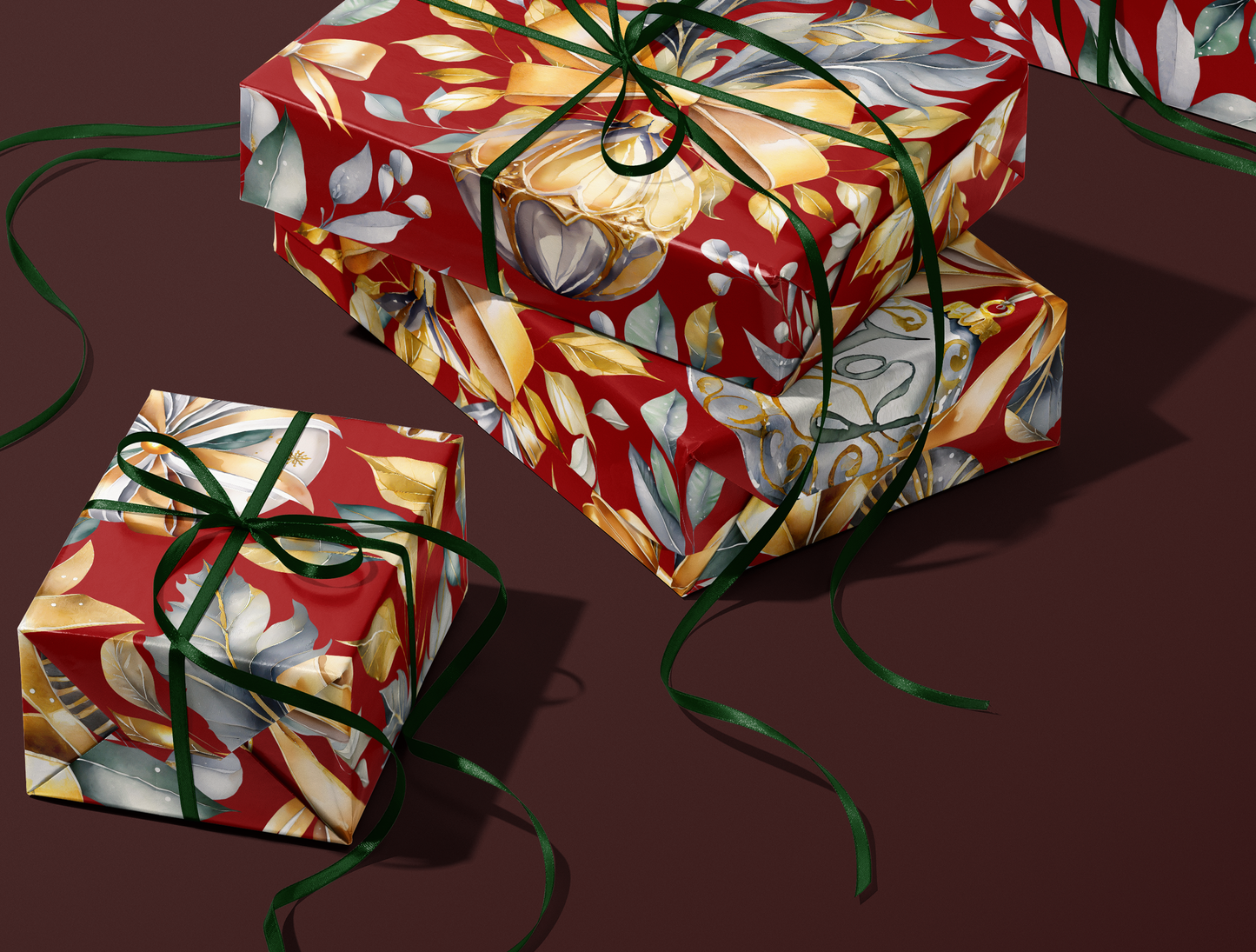 Christmas Wrapping Paper | Elegant Soft Green & Gold Ornaments | Red