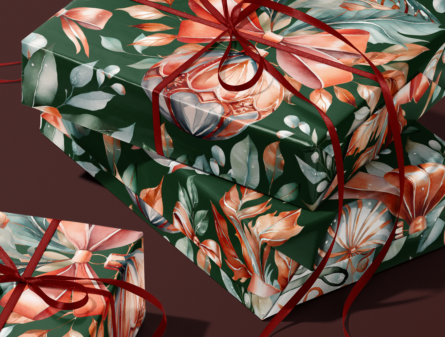 Christmas Classic Red & Green Ornaments Wrapping Paper | Green backround