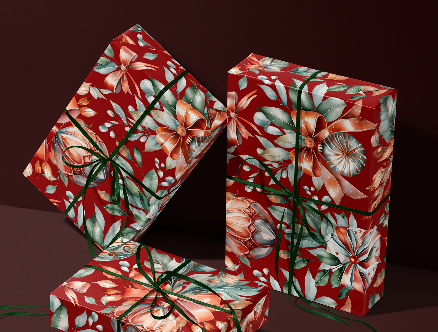 Christmas Red & Green Ornaments Wrapping Paper | Premium Edition