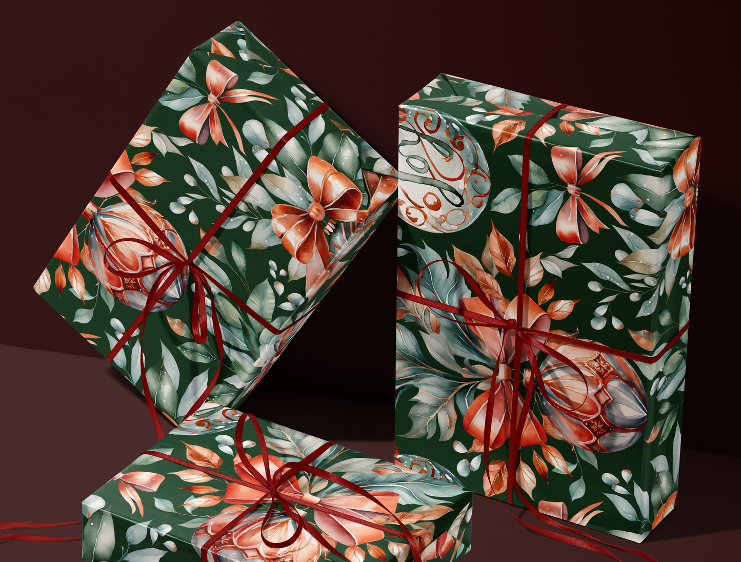 Christmas Classic Red & Green Ornaments Wrapping Paper | Green backround