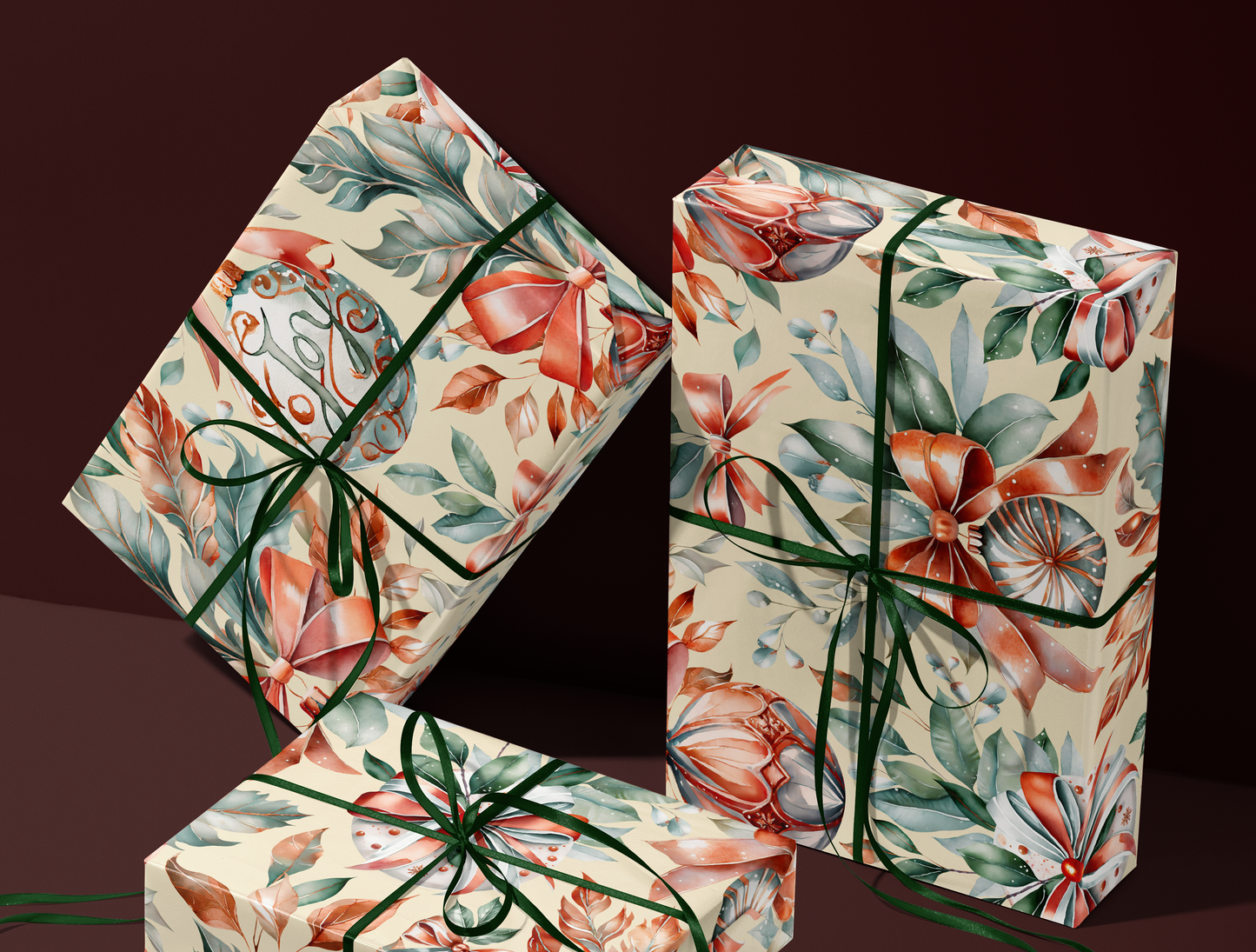 Christmas Wrapping Paper | Classic Red & Green Ornaments | Soft Yellow