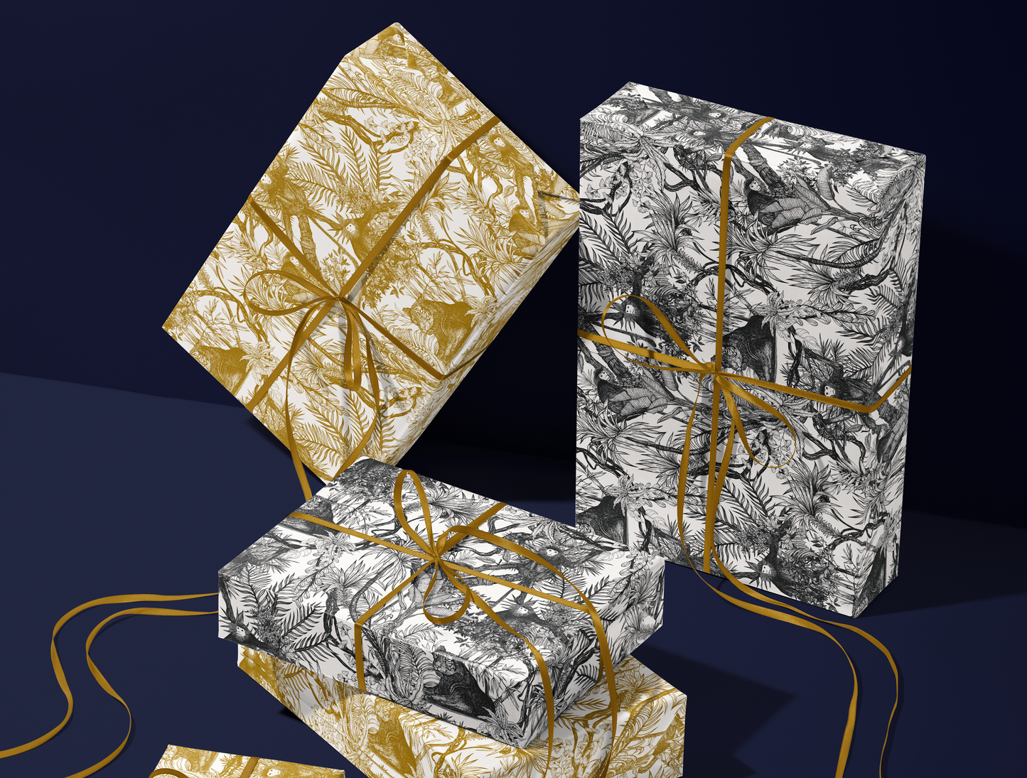 Antique Gold Toile de Jouy Wrapping Paper | Hand-Drawn Exotic Jungle Illustrations with Subtle Southeast Asian Influence | Luxury Gift Wrap