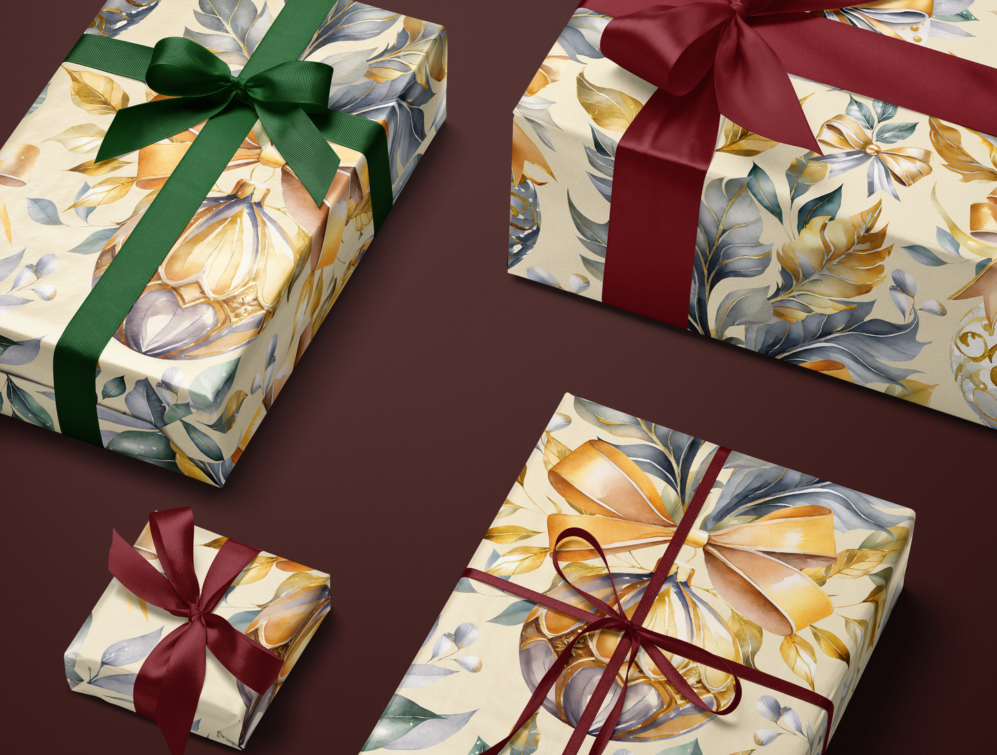 Christmas Wrapping Paper | Elegant Soft Green & Gold Ornaments | Soft Yellow background
