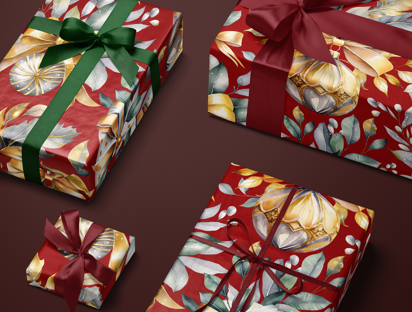 Christmas Wrapping Paper | Elegant Soft Green & Gold Ornaments | Red