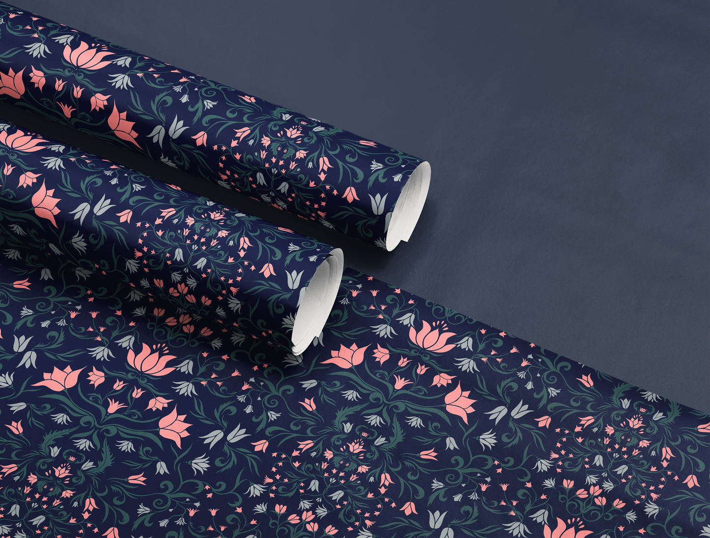Botanical Bloom & Bell Floral Wrapping Paper | Deep Navy Blue