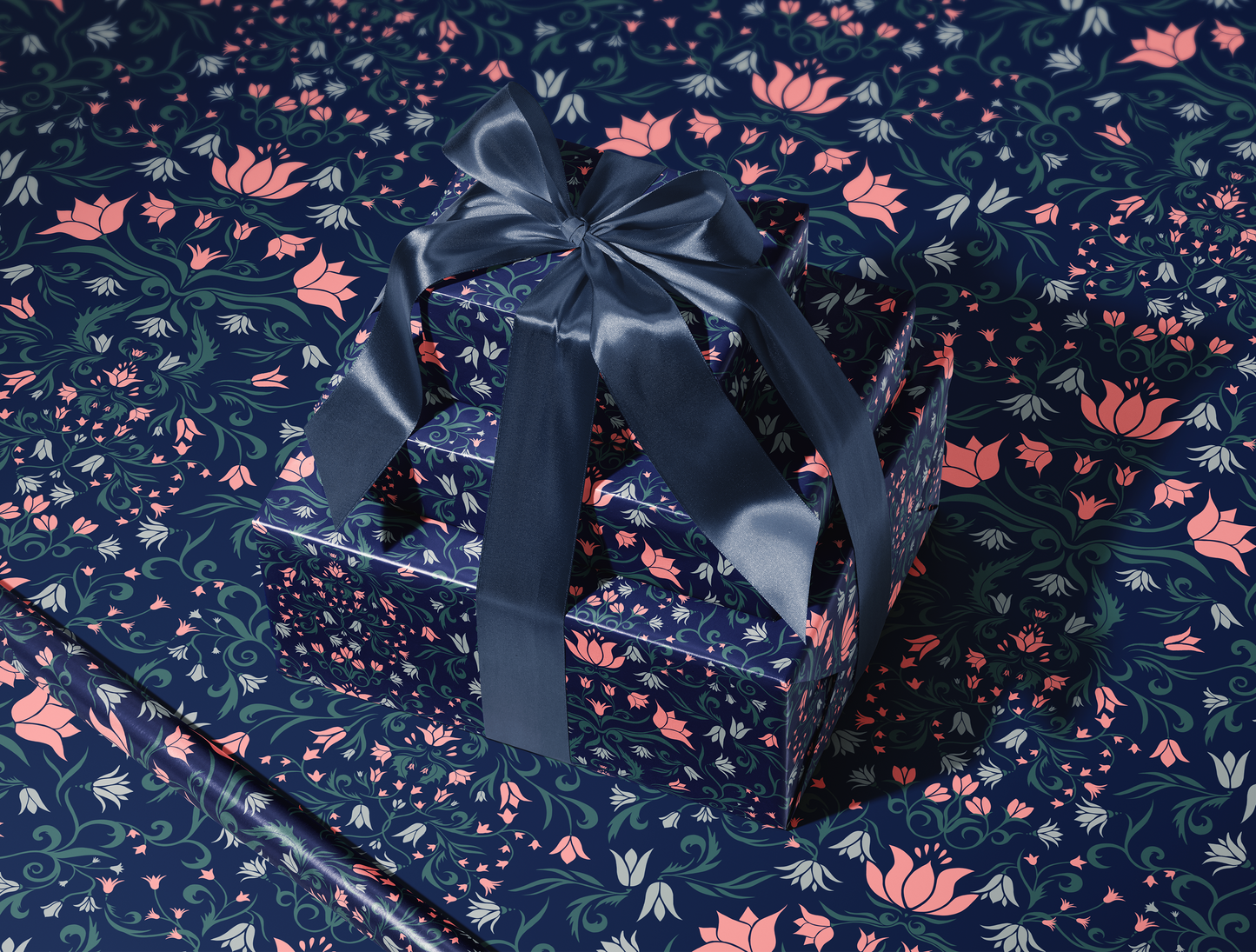 Botanical Bloom & Bell Floral Wrapping Paper | Deep Navy Blue