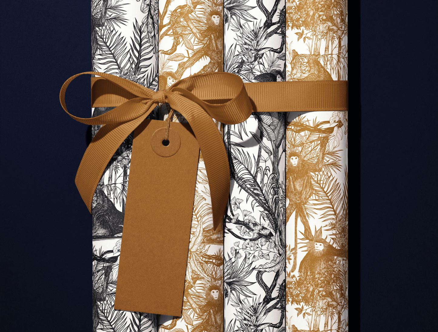 Antique Gold Toile de Jouy Wrapping Paper | Hand-Drawn Exotic Jungle Illustrations with Subtle Southeast Asian Influence | Luxury Gift Wrap