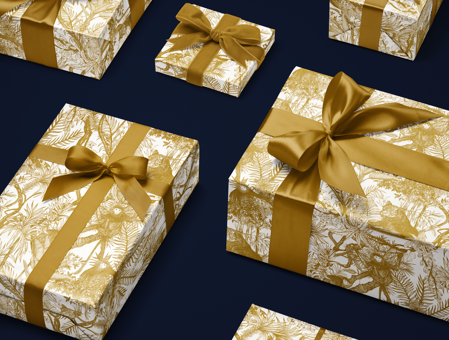 Antique Gold Toile de Jouy Wrapping Paper | Hand-Drawn Exotic Jungle Illustrations with Subtle Southeast Asian Influence | Luxury Gift Wrap