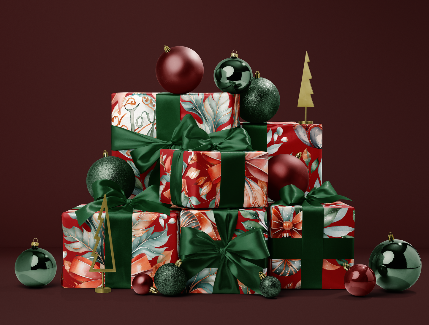 Christmas Red & Green Ornaments Wrapping Paper | Premium Edition