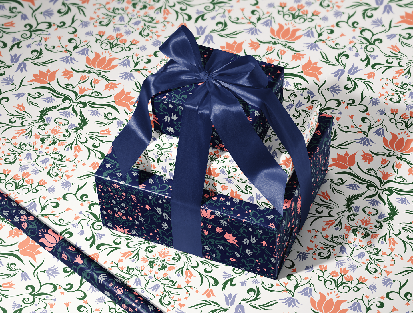 Botanical Bloom & Bell Floral Wrapping Paper | Deep Navy Blue