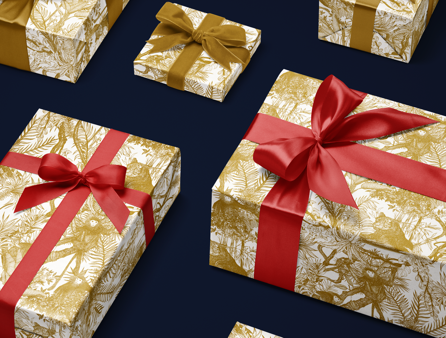 Antique Gold Toile de Jouy Wrapping Paper | Hand-Drawn Exotic Jungle Illustrations with Subtle Southeast Asian Influence | Luxury Gift Wrap