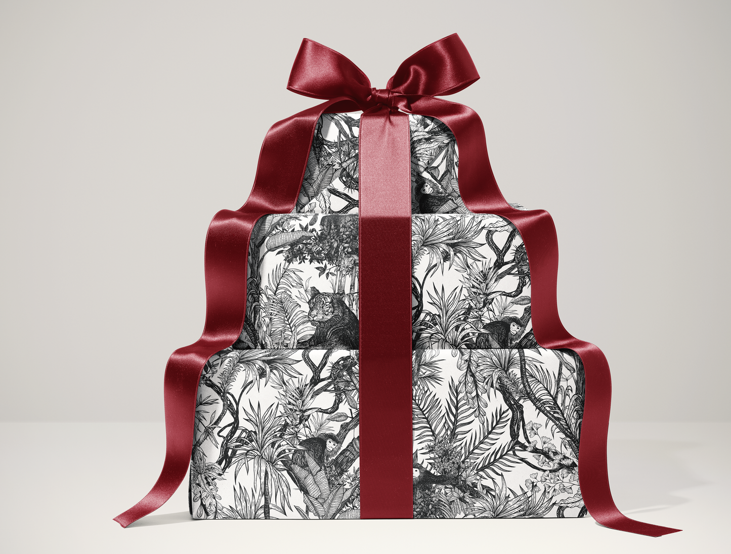 Noir Toile de Jouy Wrapping Paper  | Hand-Drawn Exotic Jungle Art with Minimalist Elegance | Classic Black on White Luxury Gift Wrap