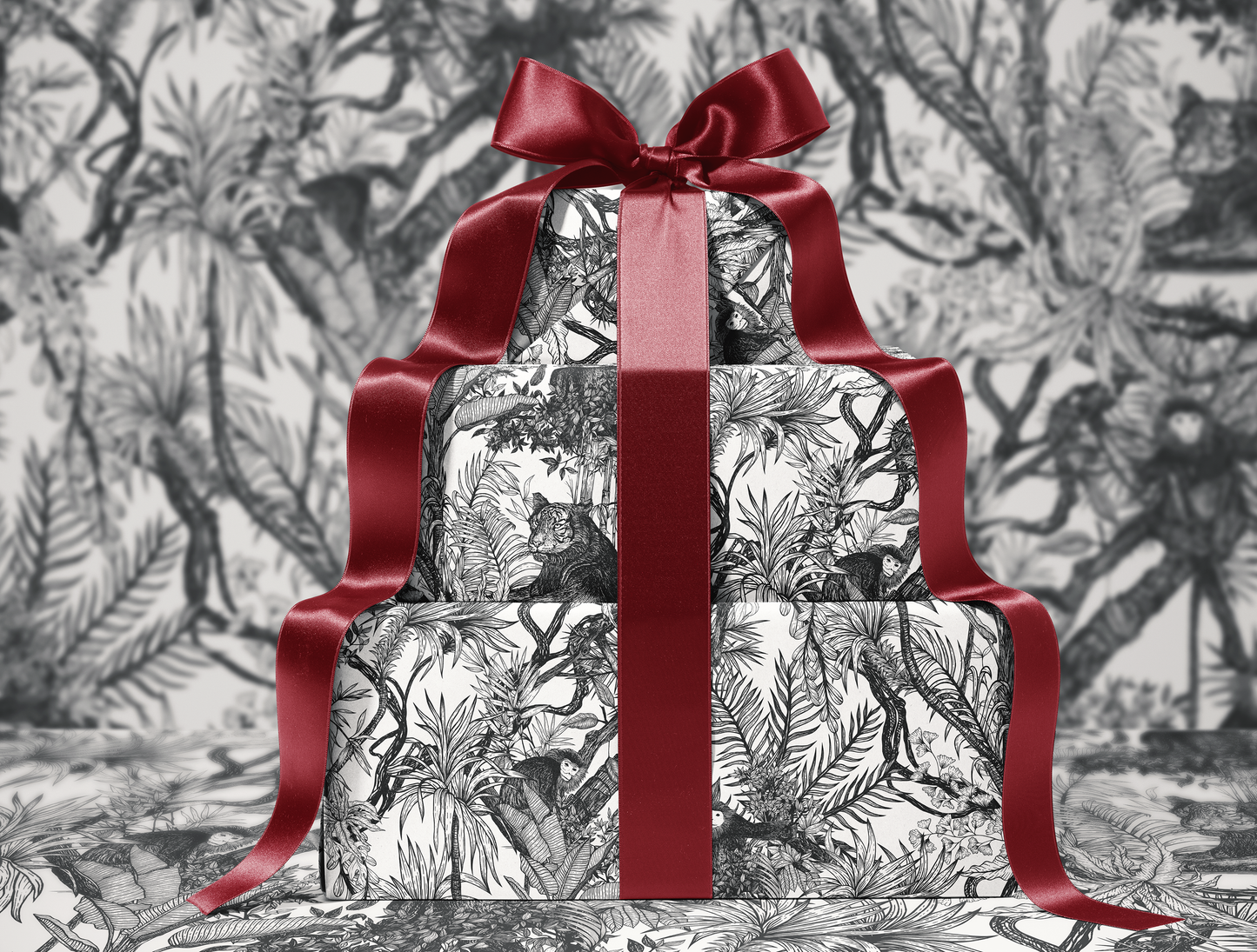 Noir Toile de Jouy Wrapping Paper  | Hand-Drawn Exotic Jungle Art with Minimalist Elegance | Classic Black on White Luxury Gift Wrap