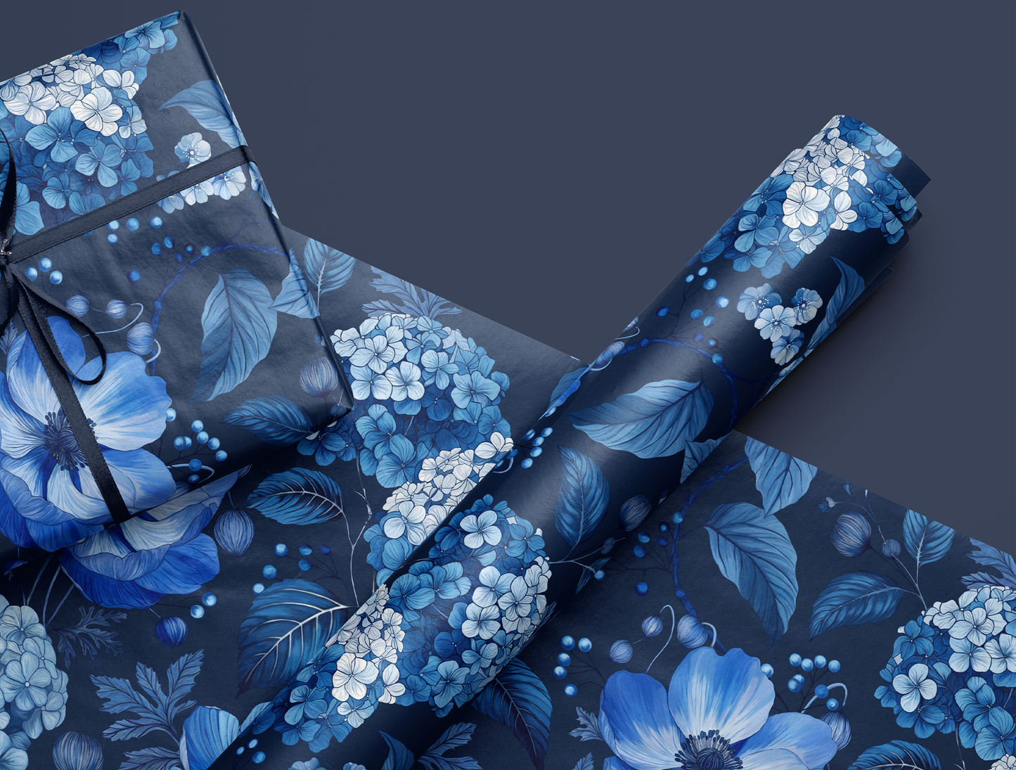 Azzure Floral Toile Wrapping Paper | Navy Blue Background