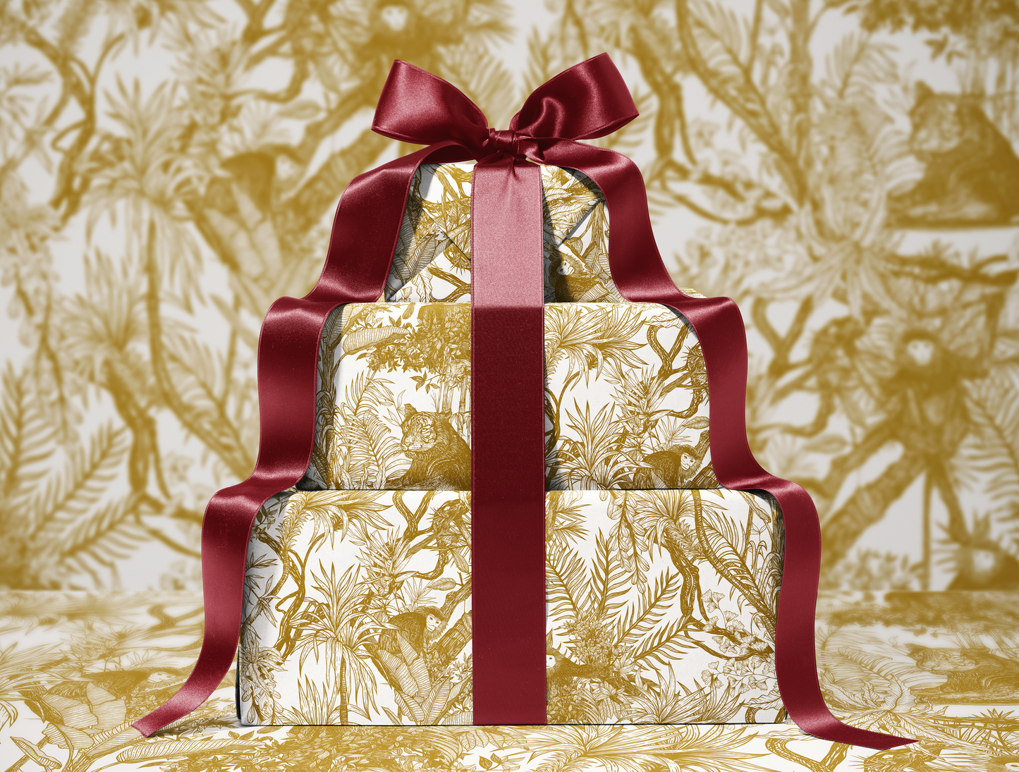Antique Gold Toile de Jouy Wrapping Paper | Hand-Drawn Exotic Jungle Illustrations with Subtle Southeast Asian Influence | Luxury Gift Wrap
