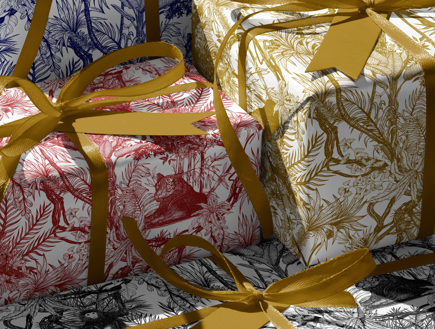 Noir Toile de Jouy Wrapping Paper  | Hand-Drawn Exotic Jungle Art with Minimalist Elegance | Classic Black on White Luxury Gift Wrap