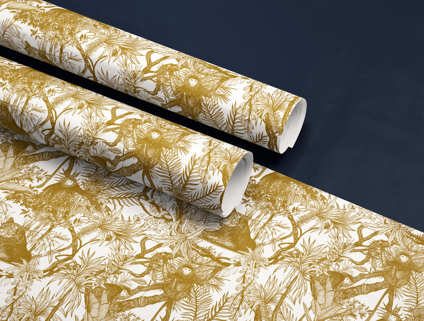 Antique Gold Toile de Jouy Wrapping Paper | Hand-Drawn Exotic Jungle Illustrations with Subtle Southeast Asian Influence | Luxury Gift Wrap